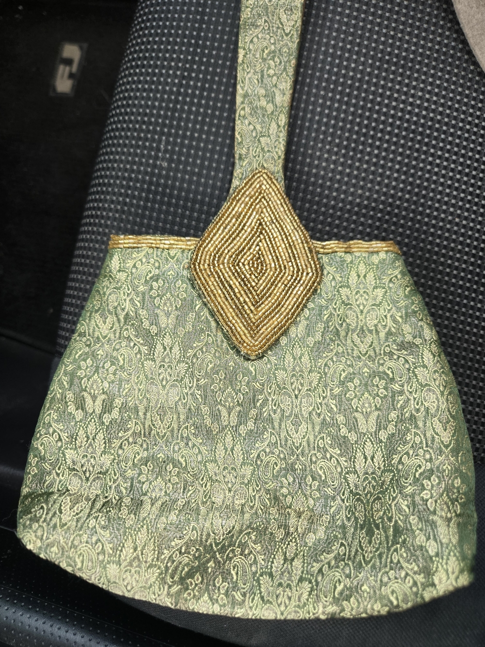 Green Brocade Wristlet with Gold Beaded Detail